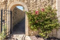 Modern park gardening landscaping design. View of city park on sunny day with natural stone fence wall, black iron gates