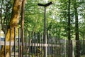 Modern park lighting lantern near the fence. Solar batteries, phone charging and modern technology in the park forest