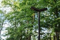 Modern park lighting lantern near the fence. Solar batteries, phone charging and modern technology in the park forest