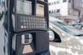 Modern parking meter on city street, closeup. Space for text Royalty Free Stock Photo