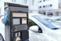 Modern parking meter on city street, closeup. Space for text Royalty Free Stock Photo