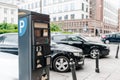 Modern parking meter on city street, space for text Royalty Free Stock Photo