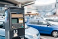 Modern parking meter on city street. Space for text Royalty Free Stock Photo