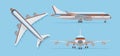 Modern passenger airplane, airliner in top, side, front view. Vector aircraft in flat style Royalty Free Stock Photo