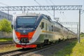 Modern passenger suburban train on Moscow rail Royalty Free Stock Photo