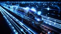 A modern passenger train moves through a tunnel filled with mesmerizing blue lights, creating a surreal and enchanting atmosphere