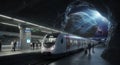High speed passenger train at futuristic underground station with cosmic backdrop and ambient lighting for commerci Royalty Free Stock Photo
