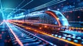 A modern passenger train travels down train tracks through a dimly lit tunnel, surrounded by darkness Royalty Free Stock Photo