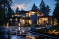 Modern passive house with solar panels and photovoltaic system on gable roof in suburban area