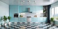 Modern pastel blue kitchen design with checkered floor. Generative AI Royalty Free Stock Photo