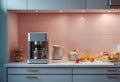 A modern pastel colored apartment kitchen interior with coffeemaker machine