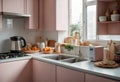 A modern pastel colored apartment kitchen interior