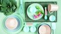 Modern pastel pink, green and blue ceramic tableware set on pale green. Royalty Free Stock Photo