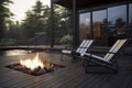 A modern patio with a fire pit and two lounge chairs overlooks a forest. The sky is dark blue, indicating the sun is setting, ai Royalty Free Stock Photo