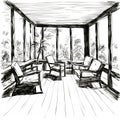 Modern Patio Interior: Sketch Style Deck Chairs With Lively Movement Portrayal