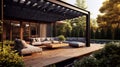 Modern patio pergola design with soft furniture at sunset