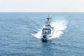 Modern patrol navy ship sails in the sea during territory patrol mission.Peace keeping operation sea patrol Royalty Free Stock Photo