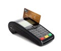 Modern payment terminal with credit card on white. Space for text Royalty Free Stock Photo