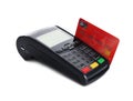 Modern payment terminal with credit card on white. Space for text Royalty Free Stock Photo