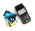 Modern payment terminal and credit cards Royalty Free Stock Photo