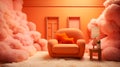 Modern peach fuzz interior idea where armchair amidst a dreamy cloud-filled room, and comfort meets the ethereal. Vibrant orange