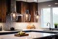 modern pendant light fixtures hanging over a kitchen island Royalty Free Stock Photo