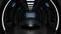 Pentagon podium in spaceship or space station interior, Sci Fi tunnel, stage for product presentation, 3D rendering Royalty Free Stock Photo