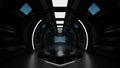 Pentagon podium in spaceship or space station interior, Sci Fi tunnel, stage for product presentation, 3D rendering Royalty Free Stock Photo