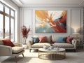 modern penthouse with designer sofa and stuff in an ultra modern elegant interior of a cozy studio in soft pastel colors