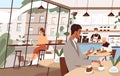 Modern people working or chatting sitting at tables in cafe vector flat illustration. Man and woman drinking coffee or