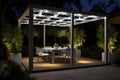 modern pergola with sleek metal frame, lit by uplighting Royalty Free Stock Photo