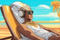 A modern pharaoh with headphones listening to music on the beach
