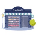 Modern pharmacy building exterior. Order and buy medicaments