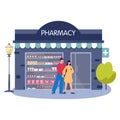Modern pharmacy building exterior. People order and buy medicaments