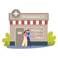 Modern pharmacy building exterior. People order and buy medicaments