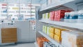 Modern Pharmacy Drugstore with Shelves full of Packages with Modern Medicine, Pill Drugs, Boxes with