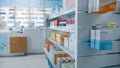 Modern Pharmacy Drugstore with Shelves full of Packages with Modern Medicine, Pill Drugs, Boxes with