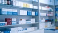 Modern pharmacy interior with neatly arranged medicine shelves in bright clean setting Royalty Free Stock Photo