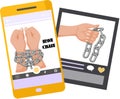 Modern phone internet and social networks addiction metaphor. Iron chain on smartphone screen