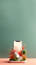 Modern phone mock up. Nature plant elements. Creative vertical pastel. Mobile device mock-up with organic elements in
