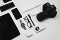 Modern photography equipment over white table background