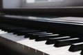 Modern piano with black and white keys indoors