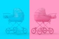 Modern Pink and Blue Baby Carriage, Stroller, Pram Mock Up in Duotone Style. 3d Rendering Royalty Free Stock Photo