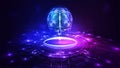 Modern pink and blue CPU in form of hologram brain on digital podium.