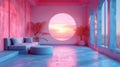 Modern Pink and Blue Lounge with Circular Sunset Window