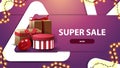 Modern pink discount banner for website with large triangles, garland and gift boxes