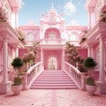 Modern pink house with staircase entrance, barbie concept background