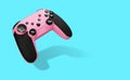 Modern pink joystick. Video game controller on blue background