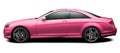 Modern pink mercedes coupe side view.
