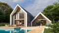 Modern pitched roof villa with pool and garden Royalty Free Stock Photo